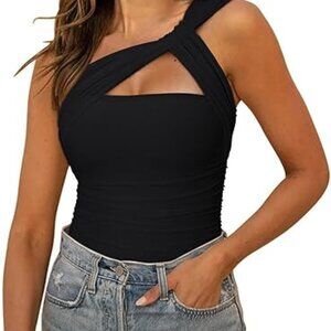 Y2K Sexy Black Mesh One-Shoulder Party Going Out Bodysuit – REORIA (Large) 🔥